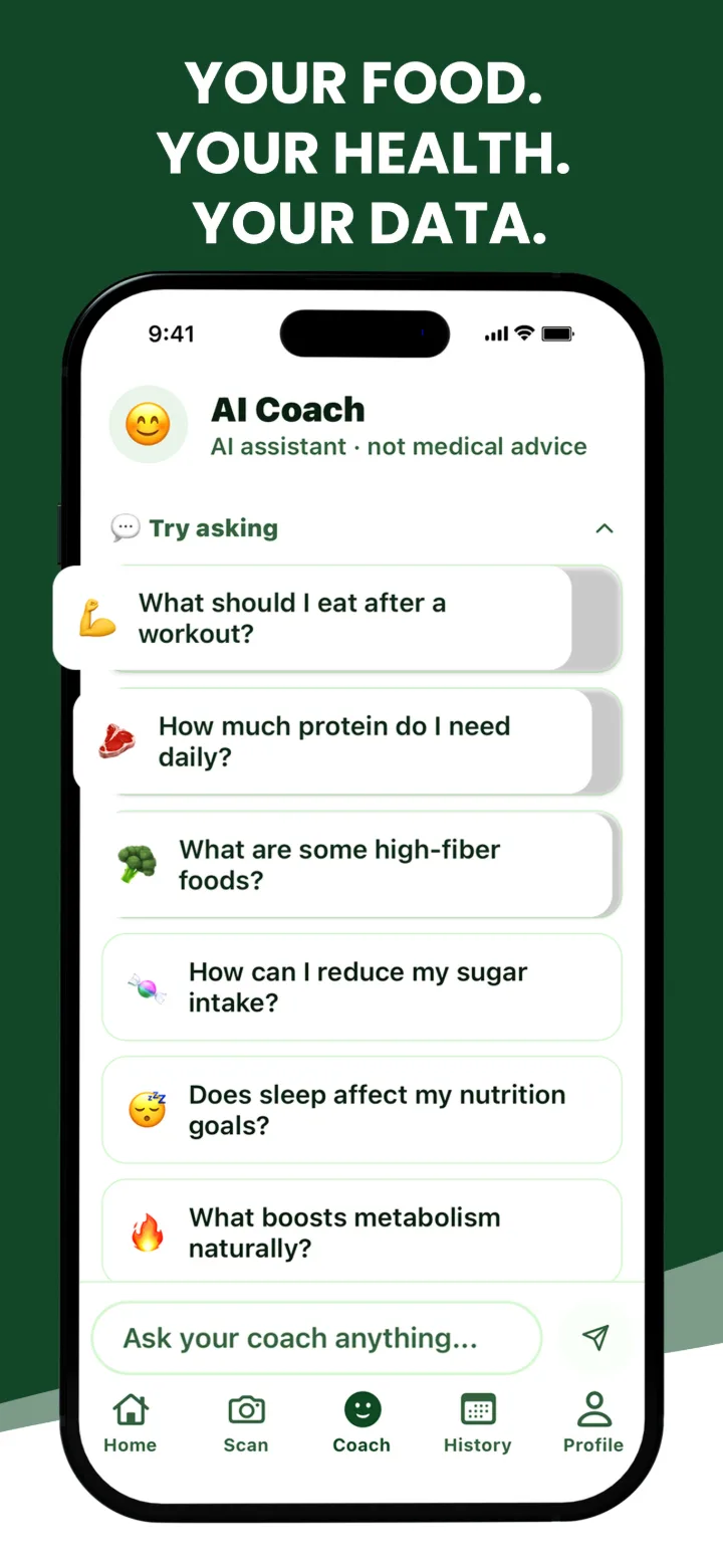 App Store screenshot: Your food. Your health. Your data.